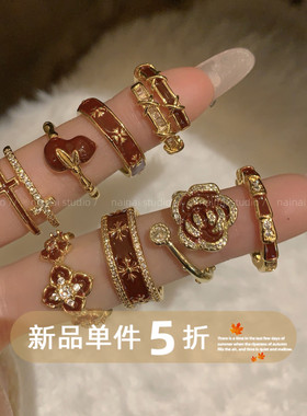 红色戒指集合~轻奢高级感新年开口可调节食指戒气质十字架指环女