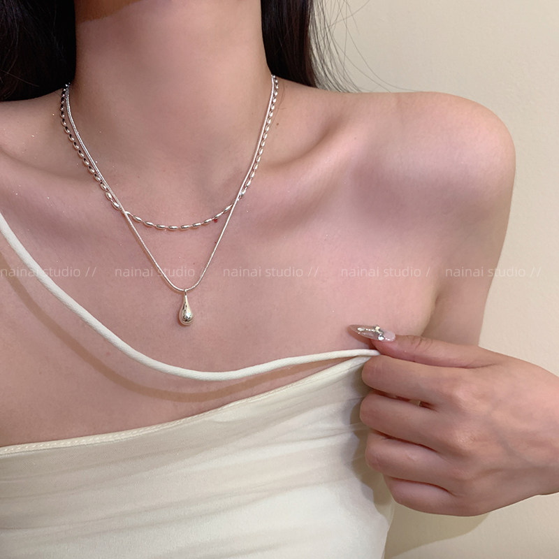 银色双层项链~水滴冷淡风叠戴日常通勤颈链配饰高级感轻奢锁骨链