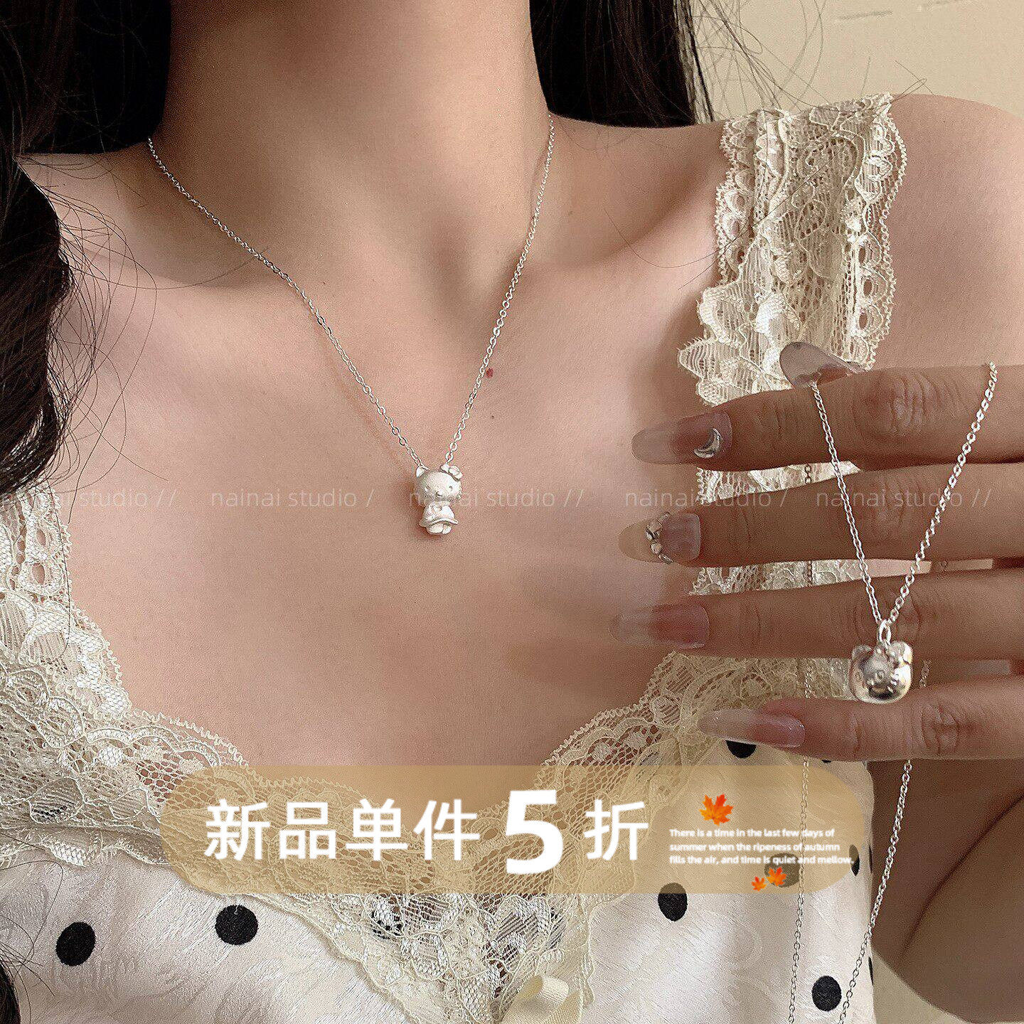 KT项链~磨砂银色可爱猫咪锁骨链2026新款甜美少女心颈链卡通配