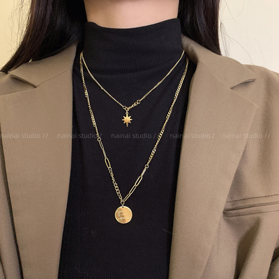金色芒星项链~钛钢不掉色！双层叠戴小众轻奢锁骨链毛衣链卫衣链A
