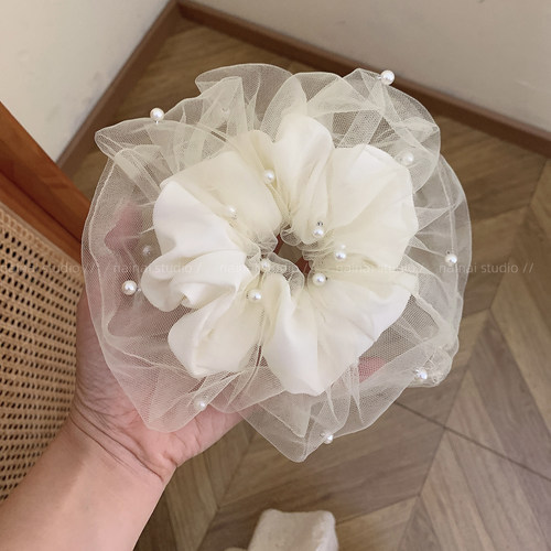 珍珠大肠发圈~双层网纱高级感复古法式慵懒风丸子头发绳头绳发饰