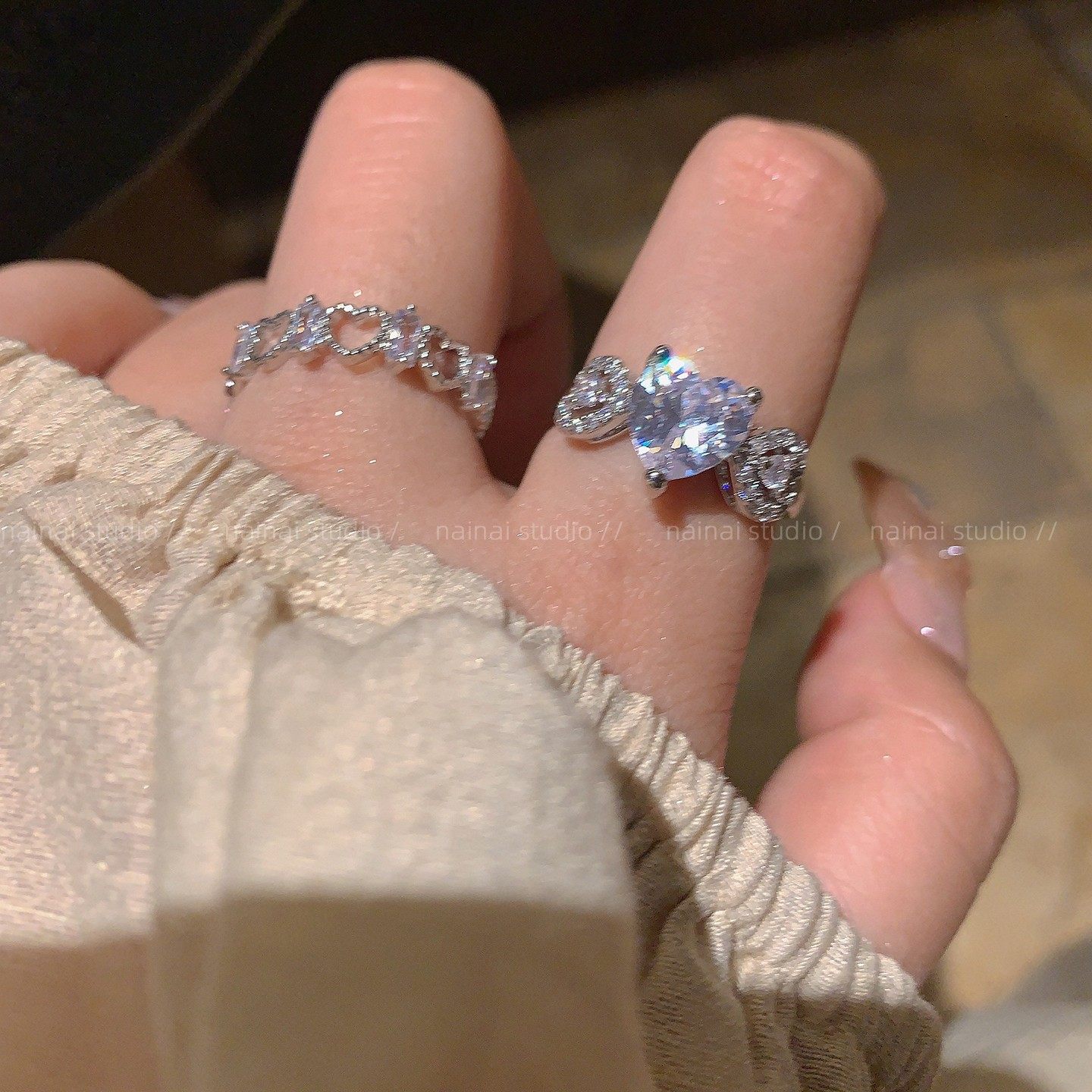 bling锆石戒指~爱心超闪高级感轻奢食指戒叠戴2023年新款指