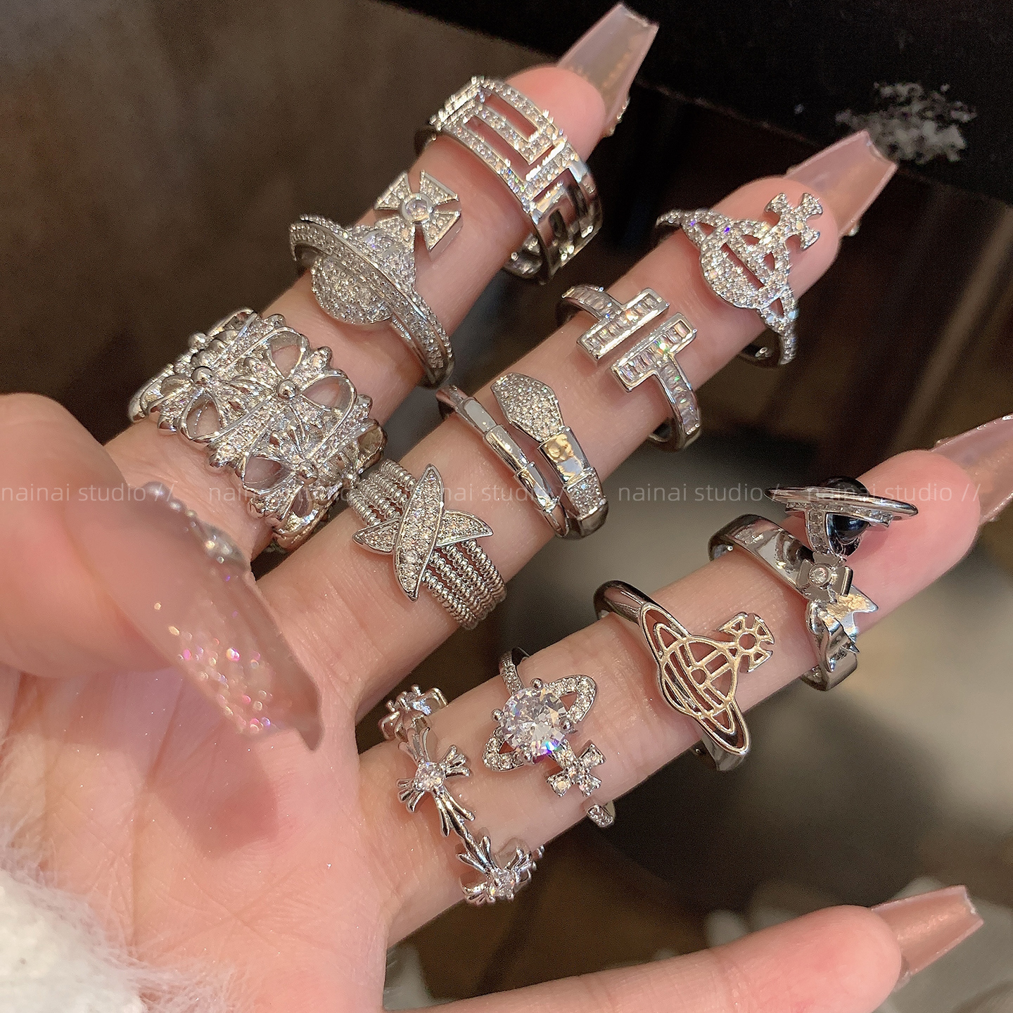 超闪锆石戒指集合~银色满钻小众设计土星食指戒高级感轻奢指环女A