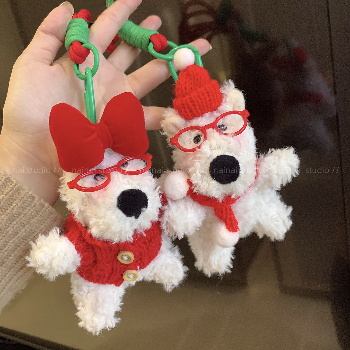 西高地挂件~红色圣诞节腮红潦草小狗眼镜圣诞帽包包挂饰车钥匙扣