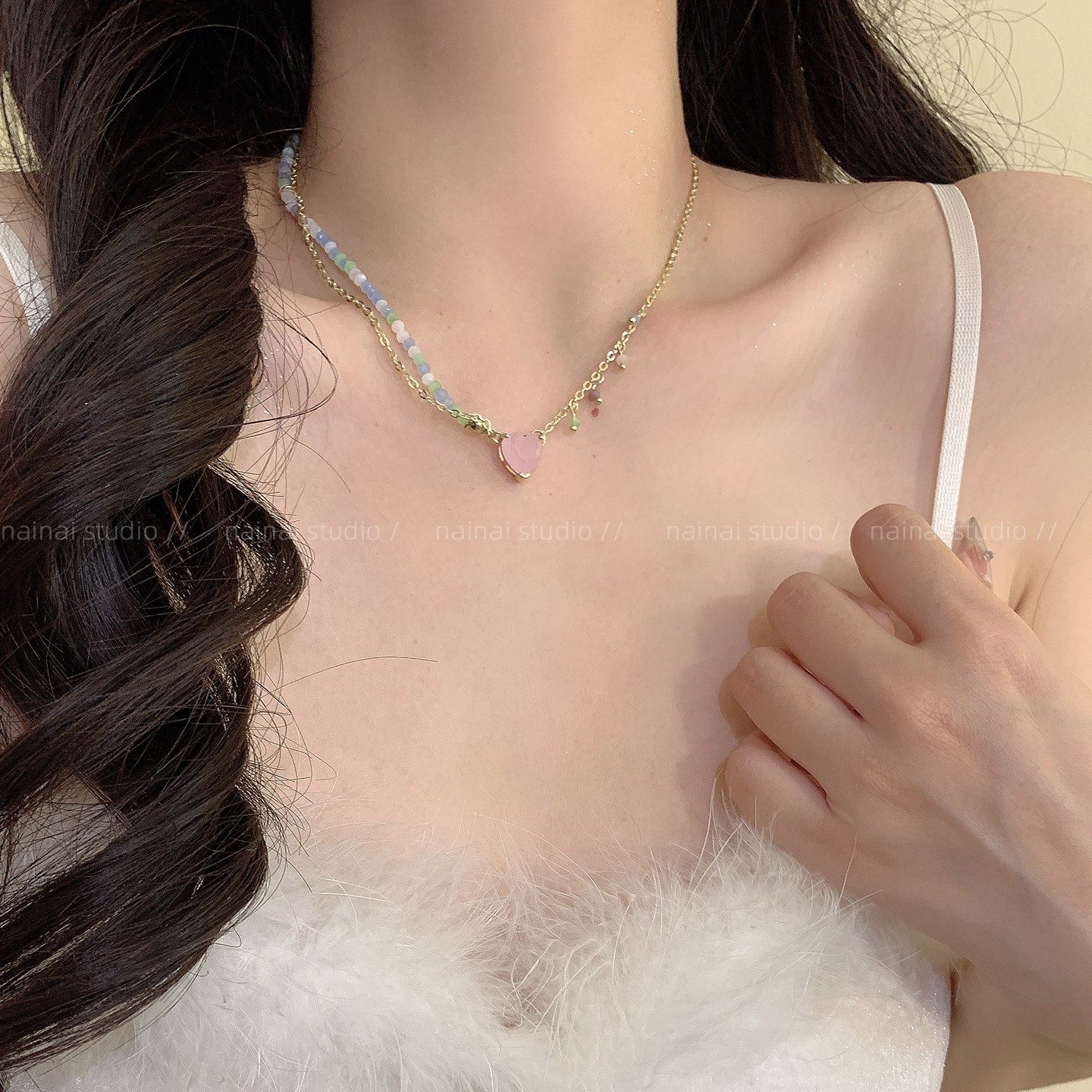 粉色爱心项链~甜酷辣妹高级感多巴胺锁骨链2025新款串珠小众颈链