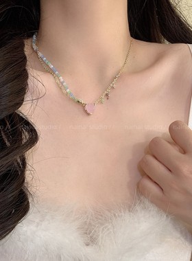 粉色爱心项链~甜酷辣妹高级感多巴胺锁骨链2025新款串珠小众颈链A
