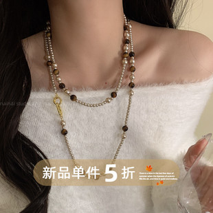 vintage风虎眼石项链 毛衣链高级感双层叠戴秋冬配饰 复古珍珠长款