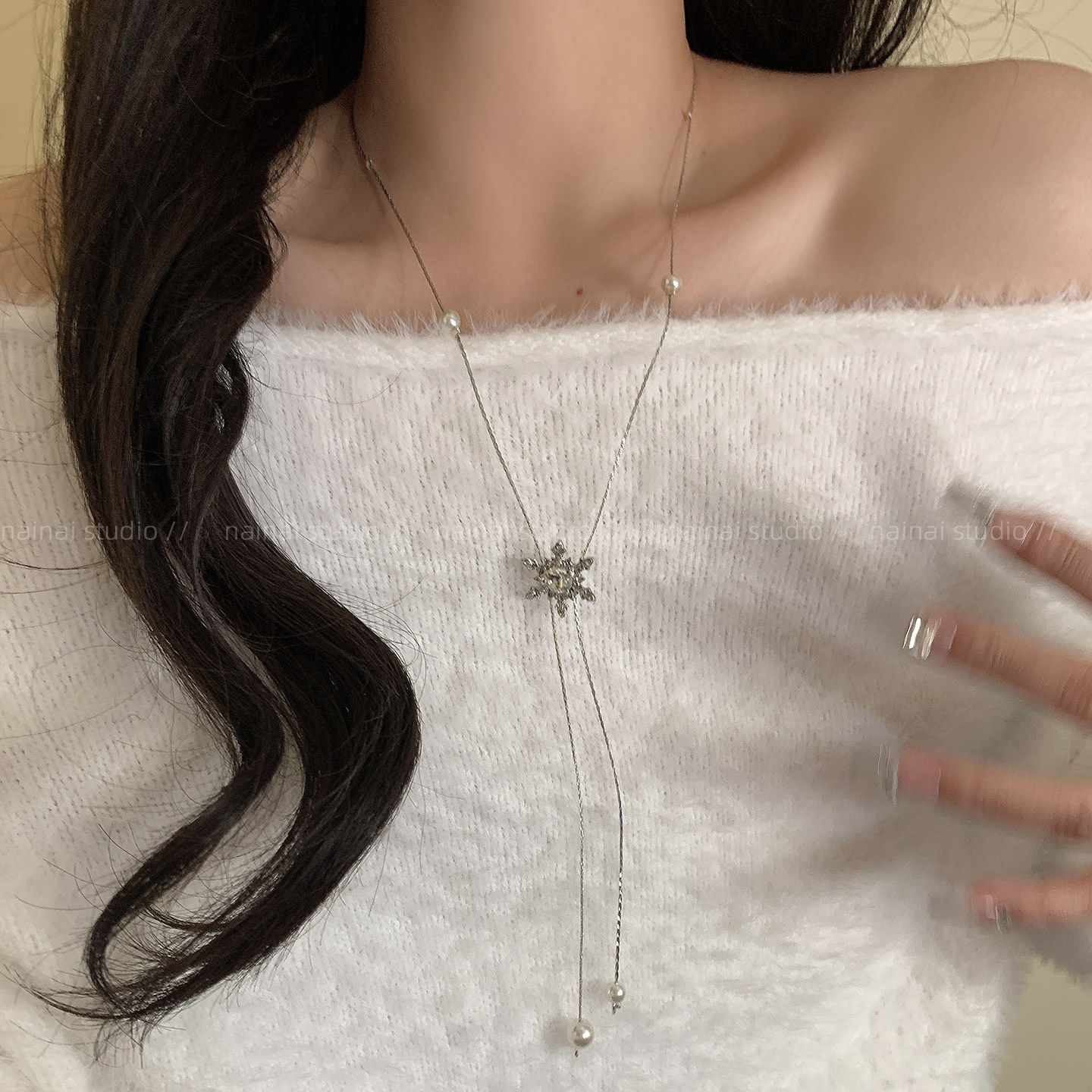 雪花项链~秋冬闪钻珍珠抽拉毛衣链轻奢高级感小众设计锁骨链配饰
