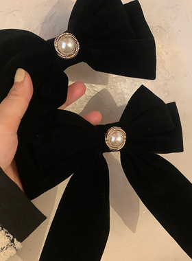 珍珠丝绒蝴蝶结发夹~富家千金风顶夹黑色法式高级感赫本小香发饰