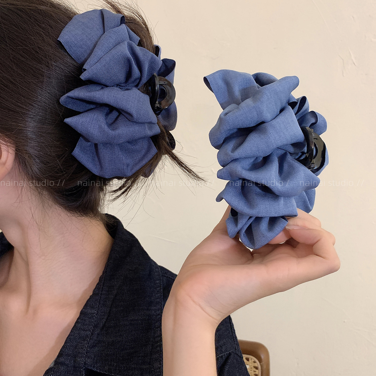 牛仔蓝色抓夹~泡泡云朵饱满后脑勺盘发鲨鱼夹显发量夹子发饰发夹