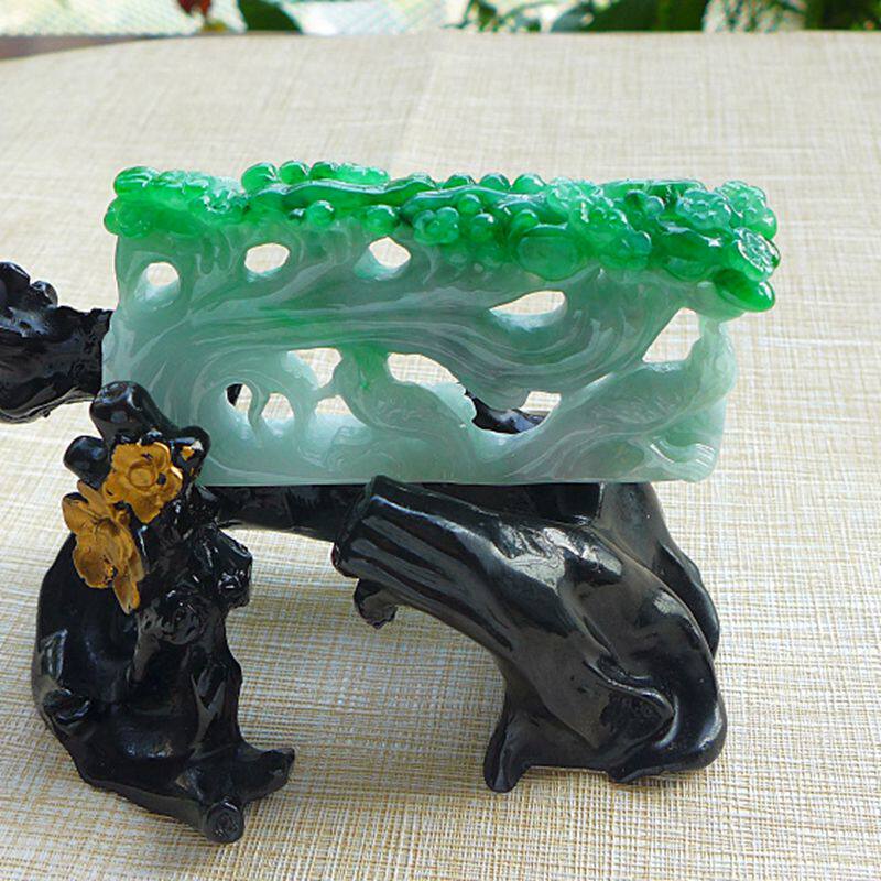 珠宝鉴定证970# a货冰糯种阳绿水润精雕喜上眉梢翡翠摆件