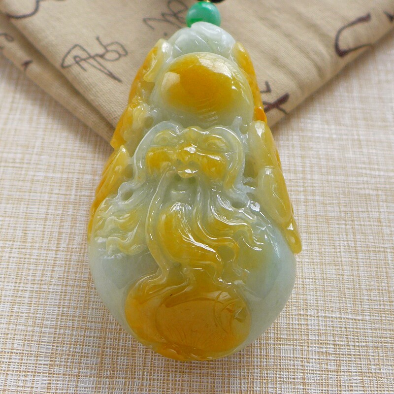 珍藏品110# A货老种金黄色艳双彩冰润起胶精雕厚装寿星公翡翠把件