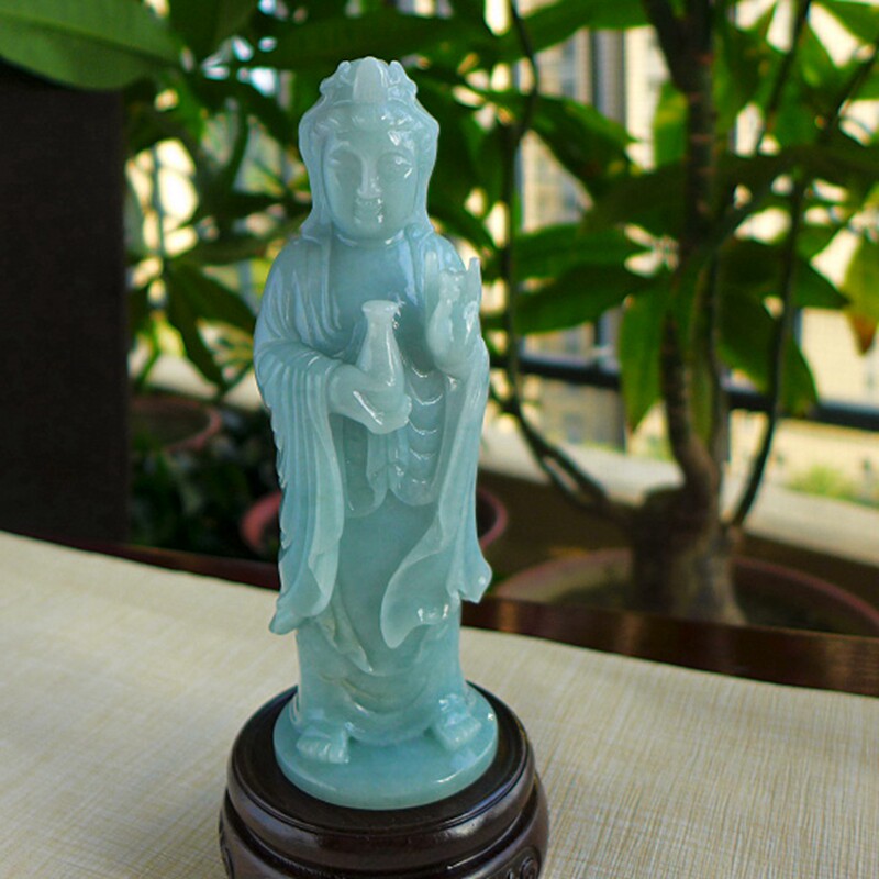 传世珍藏536# A货老坑种浅绿冰润起胶精雕净瓶观音翡翠摆件