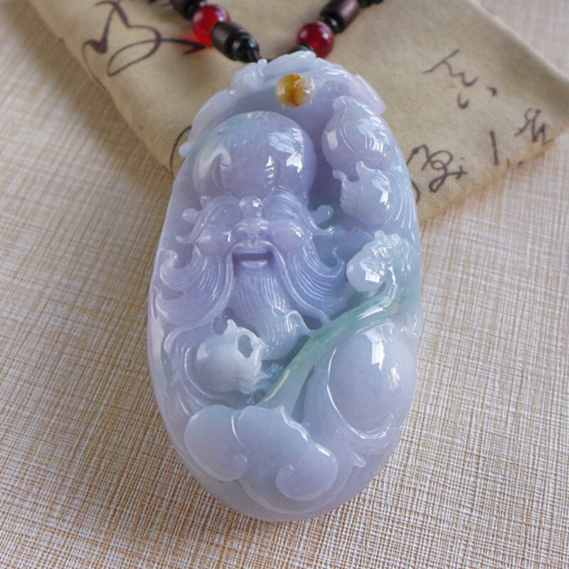 珠宝鉴定证459# A货老种浅紫三彩水润起胶饱满精雕寿星公翡翠把件