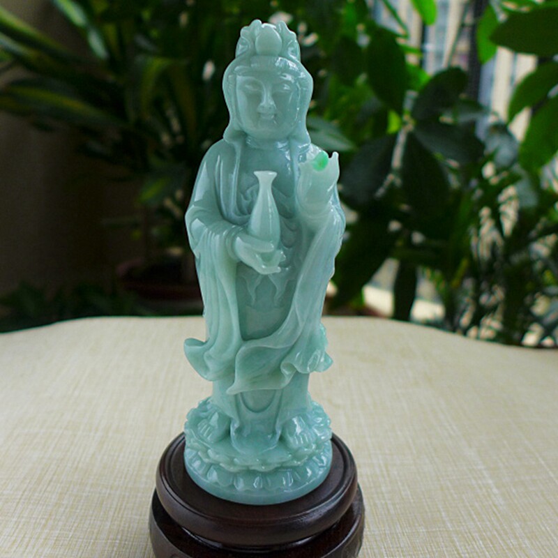传世珍藏670# A货老坑种浅绿点阳绿冰润起胶精雕净瓶观音翡翠摆件
