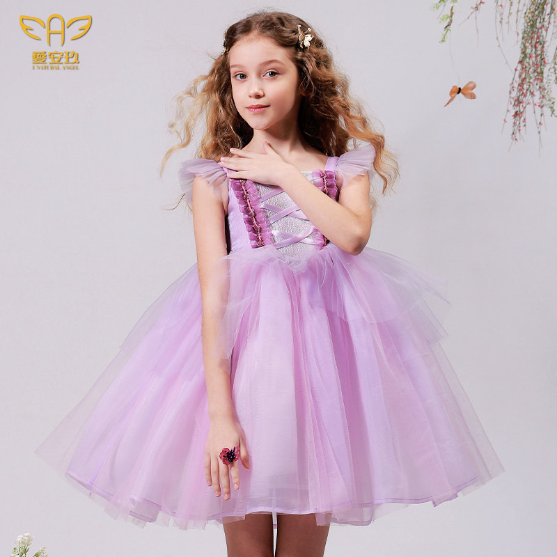 爱安玖粉色连衣裙2022新款欧美儿童礼服裙蓬蓬裙女童纱裙夏季无袖