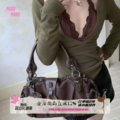 ParoParo 玫瑰可露丽！麂皮多口袋挂耳通勤大容量腋下包斜挎女包