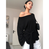 T恤慵懒垂感露肩上衣 小众设计感斜肩收腰绑带长袖 BEAN abg辣妹