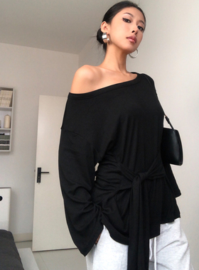 A BEAN abg辣妹 小众设计感斜肩收腰绑带长袖T恤慵懒垂感露肩上衣