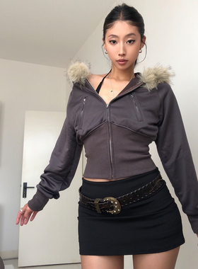 A BEAN 美式辣妹 环保渐变毛领帽衫 收腰短款长袖连帽卫衣外套