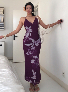 A BEAN 海岛辣妹度假网纱印花V领收腰露背连衣裙包臀鱼尾沙滩长裙