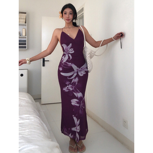 海岛辣妹度假网纱印花V领收腰露背连衣裙包臀鱼尾沙滩长裙 BEAN