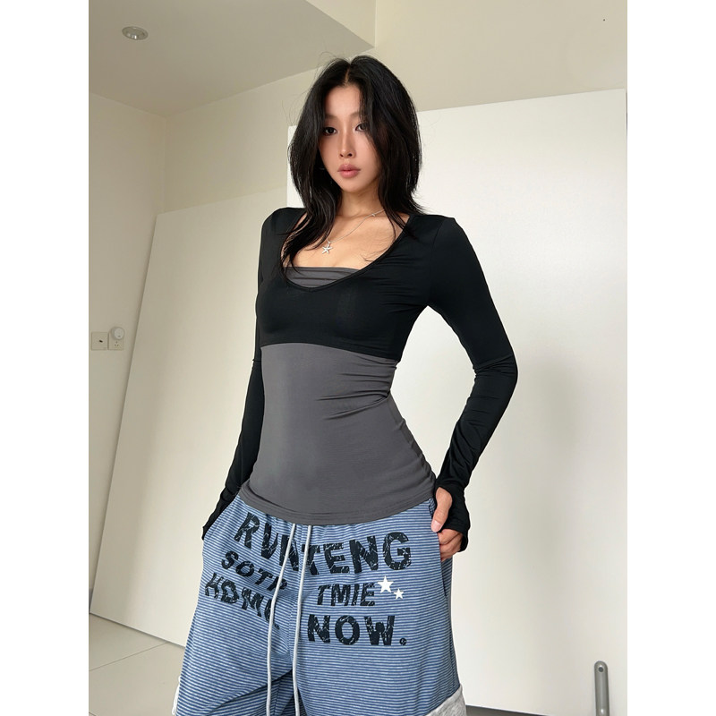 A BEAN 美式辣妹 两件套上衣女 V领短款长袖抹胸套指显瘦打底衫