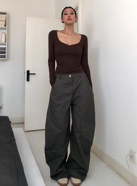 A BEAN 美式辣妹 复古工装炸街廓形弯刀裤 休闲宽松立体牛仔裤