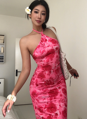 A BEAN 海岛辣妹 度假花朵印花挖肩挂脖连衣裙 修身露背包臀中裙