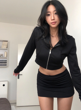 A BEAN abg辣妹 短款高腰露脐小帽衫 拉链开衫连帽卫衣外套