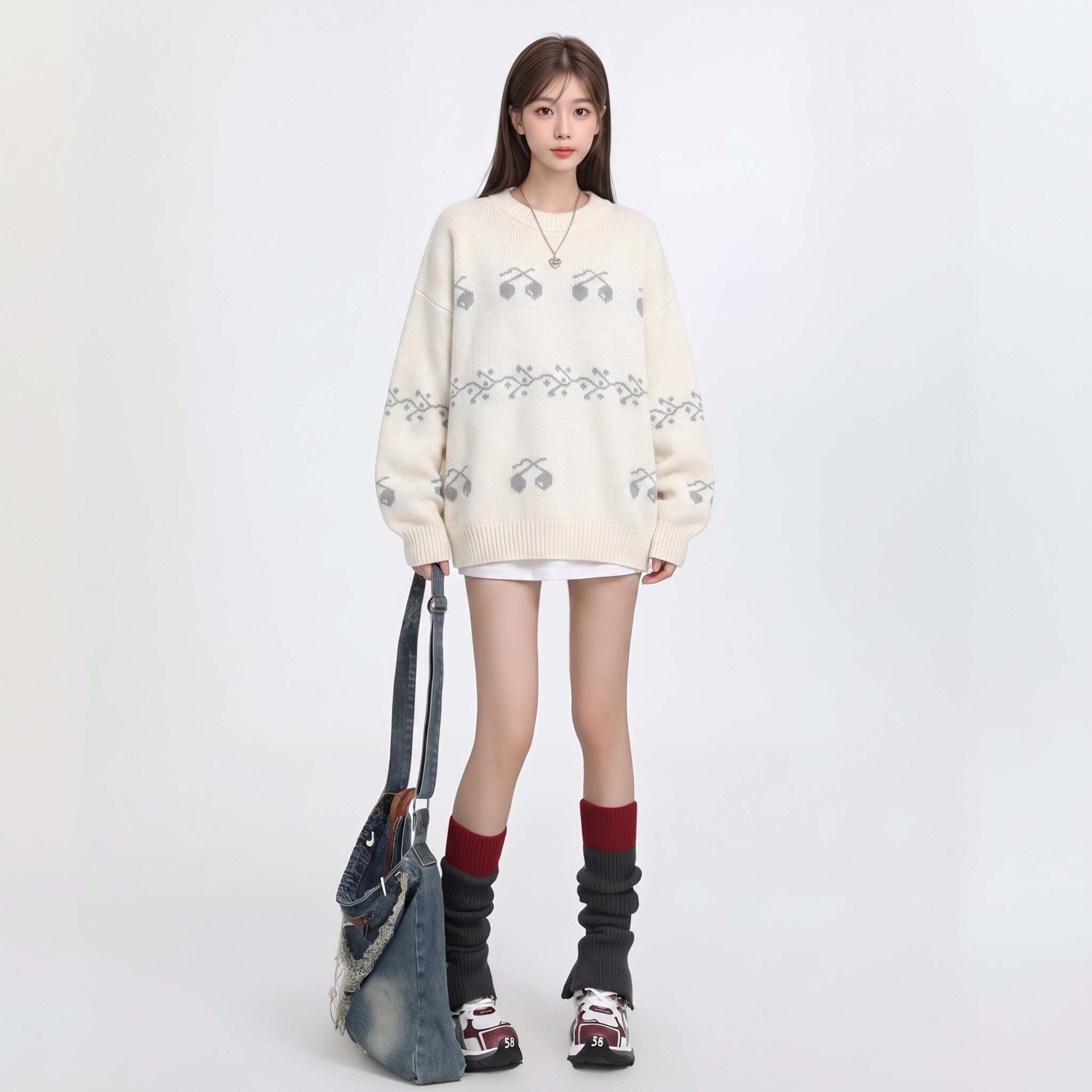 网红同款秋冬保暖樱桃提花毛衣女