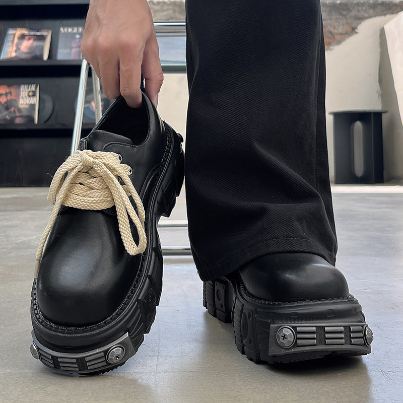 王嘉尔同款铆钉德比鞋男厚底7cm大头皮鞋小众朋克风增高发型师鞋