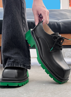 方头德比鞋男厚底绿色增高6cm皮鞋男cleanfit潮个性高级感休闲鞋