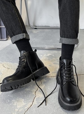 马丁靴男厚底中帮英伦风男靴子加绒高帮黑色增高工装切尔西短靴潮