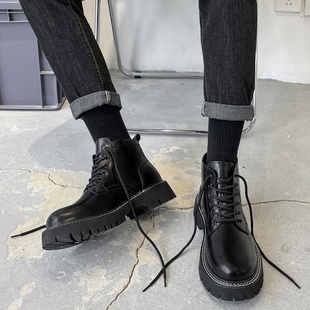 马丁靴男厚底中帮英伦风男靴子加绒高帮黑色增高工装 切尔西短靴潮