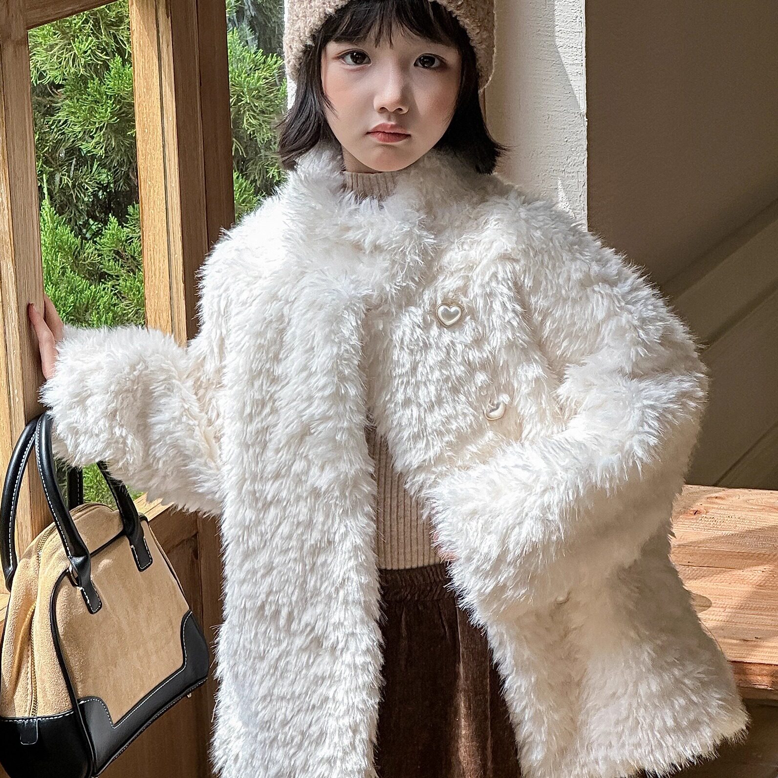 若堇2025冬季新款童装羊毛一体中长款女童毛毛环保毛毛皮草外套