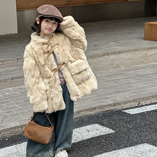 若堇童装2025新款海宁毛真獭兔毛皮冬季女童加厚加棉皮草外套
