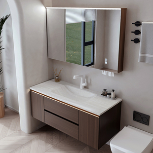 中古风岩板热弯无缝一体盆浴室柜组合卫生间洗漱台洗手池定制