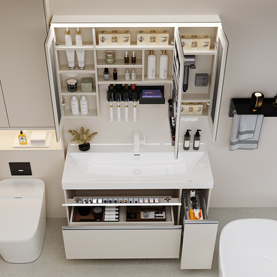 奶油日式大收纳浴室柜组合抽屉拉篮洗漱台海洋陶瓷一体洗手洗脸盆