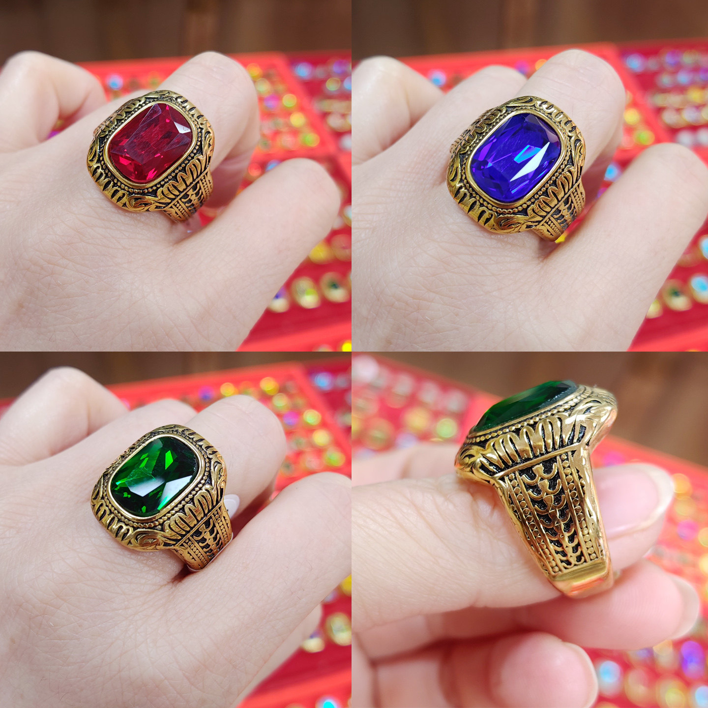 复古大气男士戒指红绿蓝宝石男款老板戒黄铜托镀18K送长辈礼物