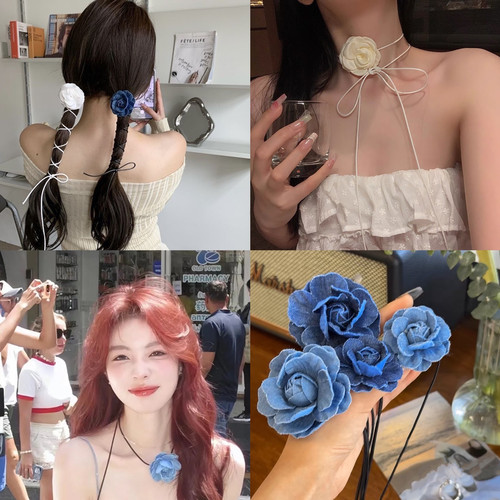 花朵颈链布艺甜美绑带女