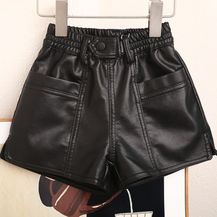 春秋冬女童皮短裤洋气百搭黑咖双色靴裤高腰女宝宝软皮PU短裤外穿