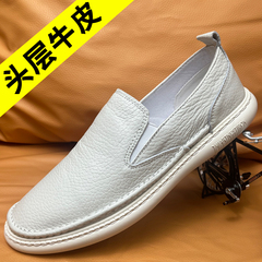 头层牛皮男鞋2025新款春季真皮透气休闲皮鞋男士一脚蹬懒人小白鞋