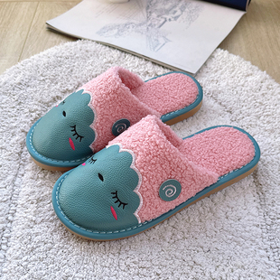 秋冬季居家用保暖牛皮面棉拖鞋男女室内卡通亲子儿童防滑真皮拖鞋
