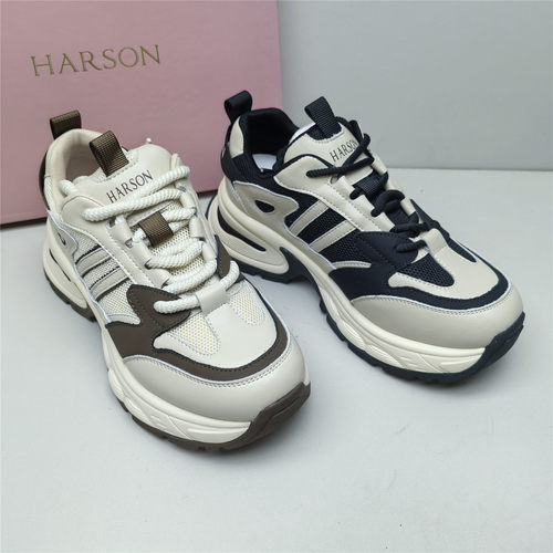 Harson/哈森正品撤柜休闲复古拼色厚底增高透气织物老爹女运动鞋