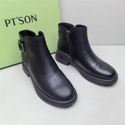 PT'SON/百田森正品撤柜休闲时尚圆头粗跟女新款牛皮侧拉链短筒靴