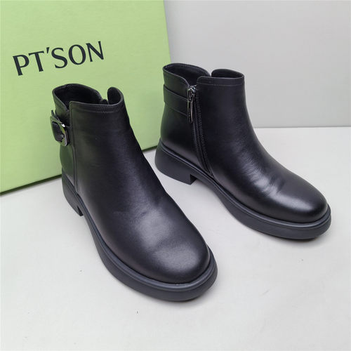 PT'SON/百田森正品撤柜休闲时尚圆头粗跟女新款牛皮侧拉链短筒靴