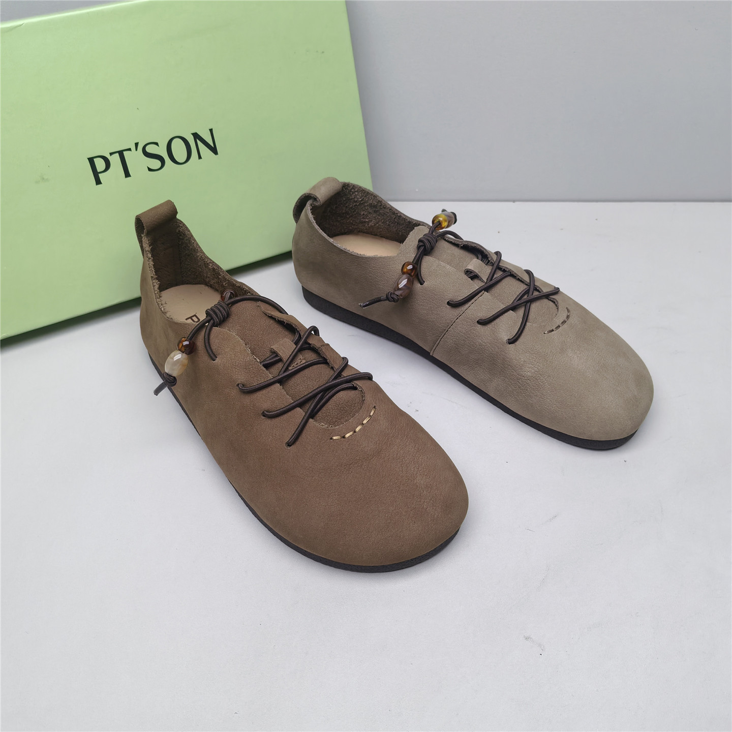 PT'SON/百田森正品撤柜休闲复古圆头厚底女新款磨砂牛皮串珠单鞋