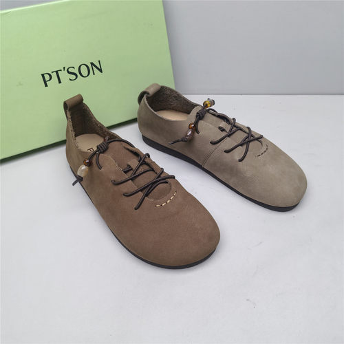 PT'SON/百田森正品撤柜休闲复古圆头厚底女新款磨砂牛皮串珠单鞋