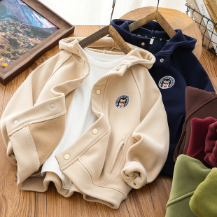 男童加绒外套儿童连帽拉链衫 卫衣中大童双面绒防风上衣 加厚秋冬装